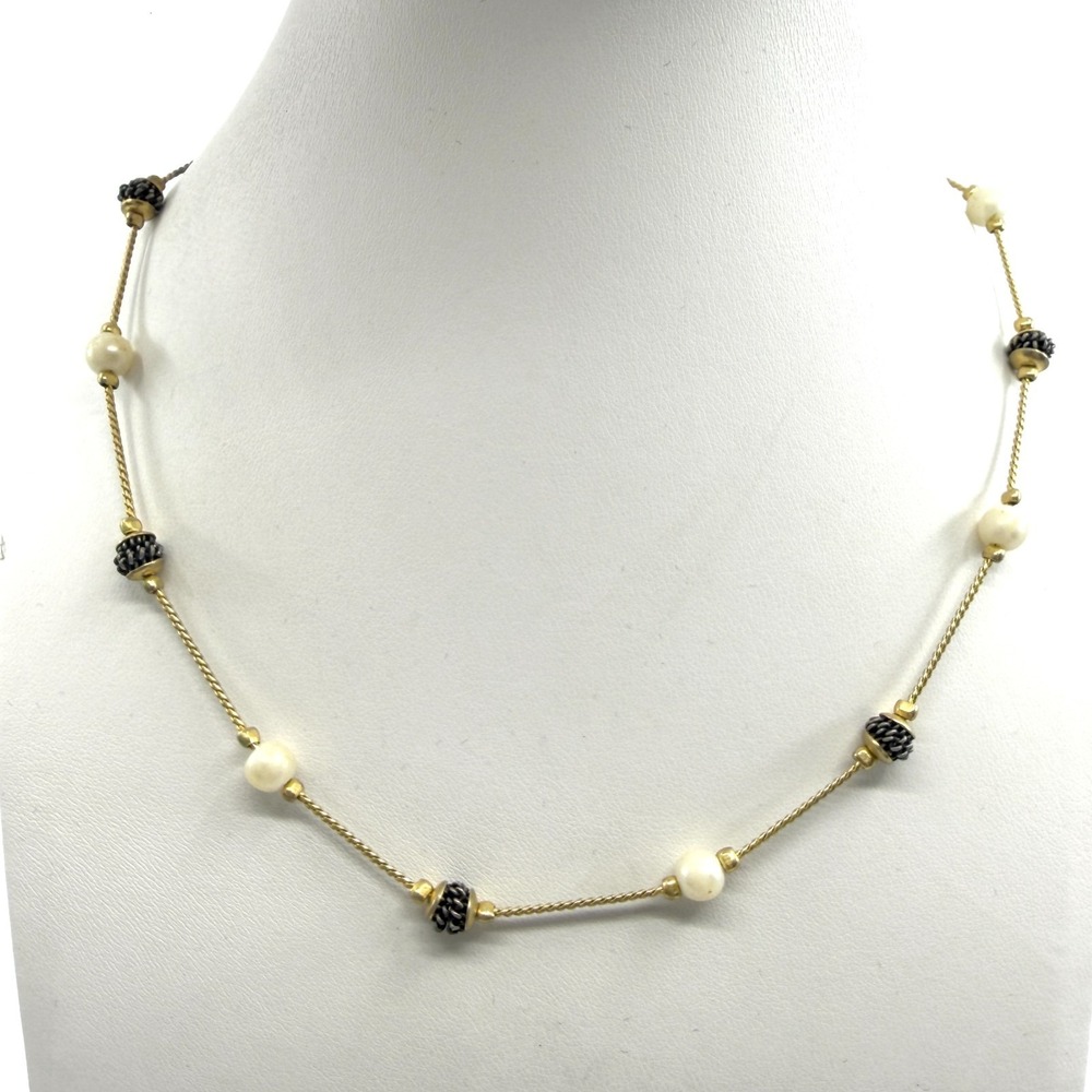 Delicate Pearl and Oxidized Silver & Gold Tone Bead Station Necklace Elegant